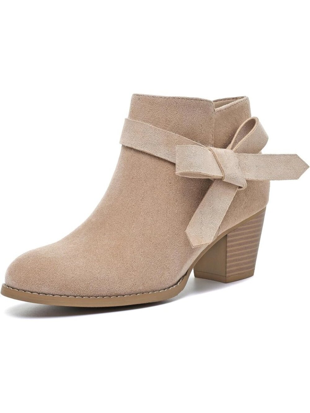 Women's Light Pink Side Zipper Bow Decor Round Toe Soft Comfort Ankle & Bootie